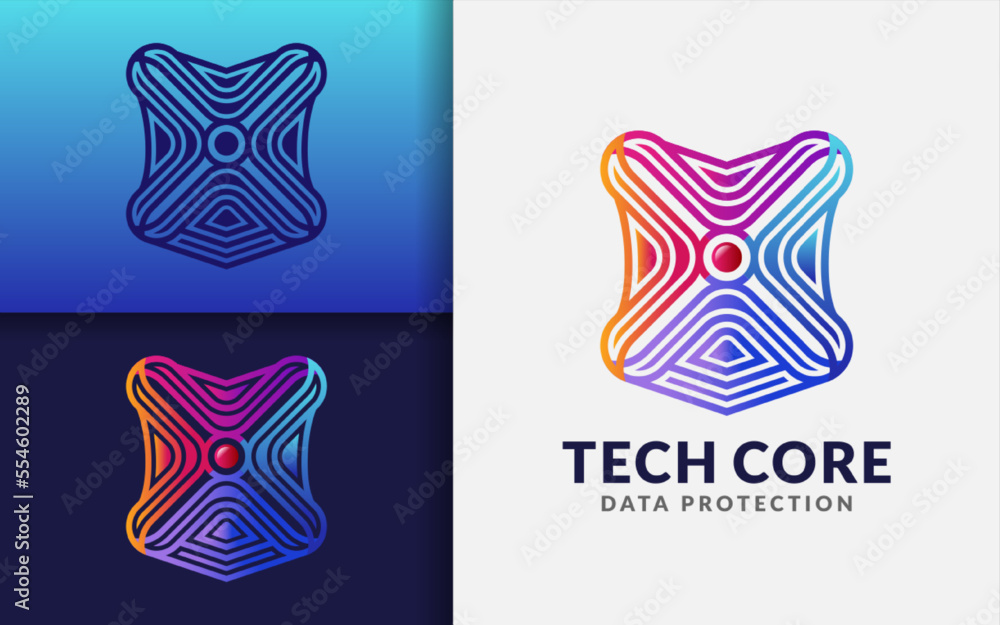 Aufkleber Tech Core Logo Design. Modern Shield with Colorful Lines Style Combined with Dot as the Shield Core.