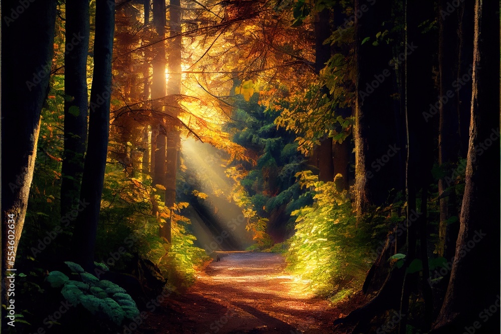 Poster a path in the woods with sunlight coming through the trees and leaves on the ground and the path is 