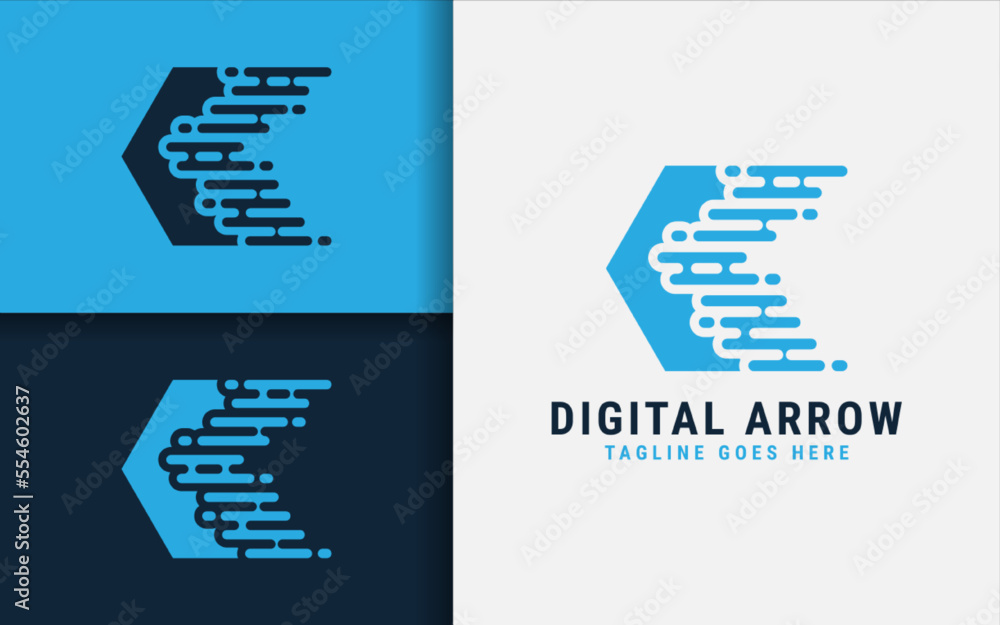 Poster creative digital arrow logo design with blue arrow and simple minimalist digital lines combination c