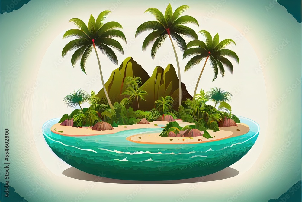 Poster a tropical island with palm trees and a small island in the middle of the ocean with a small island 