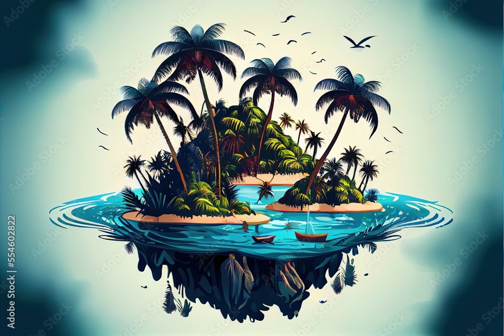Poster a small island with palm trees and a boat in the water with a bird flying over it and a bird flying 