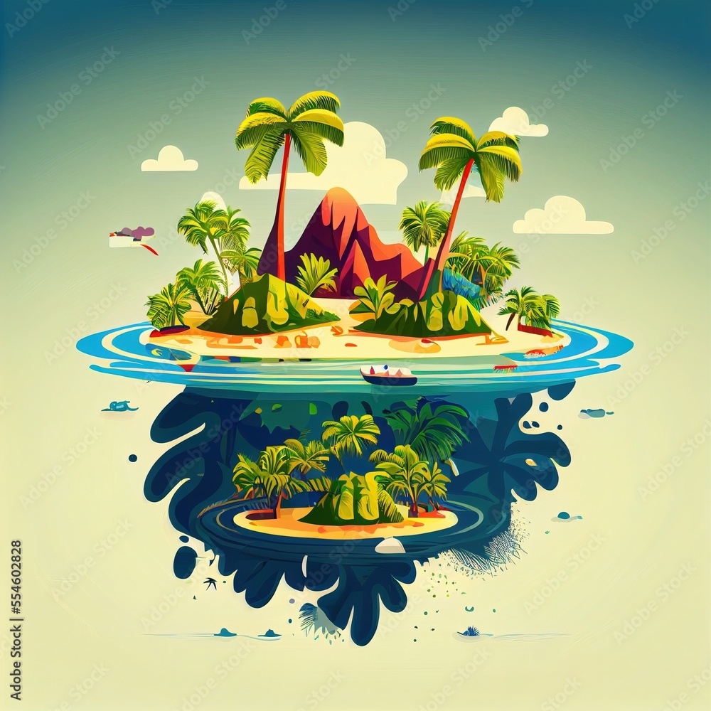 Poster an island with palm trees and a volcano in the background of the ocean illustration by alex macieli.