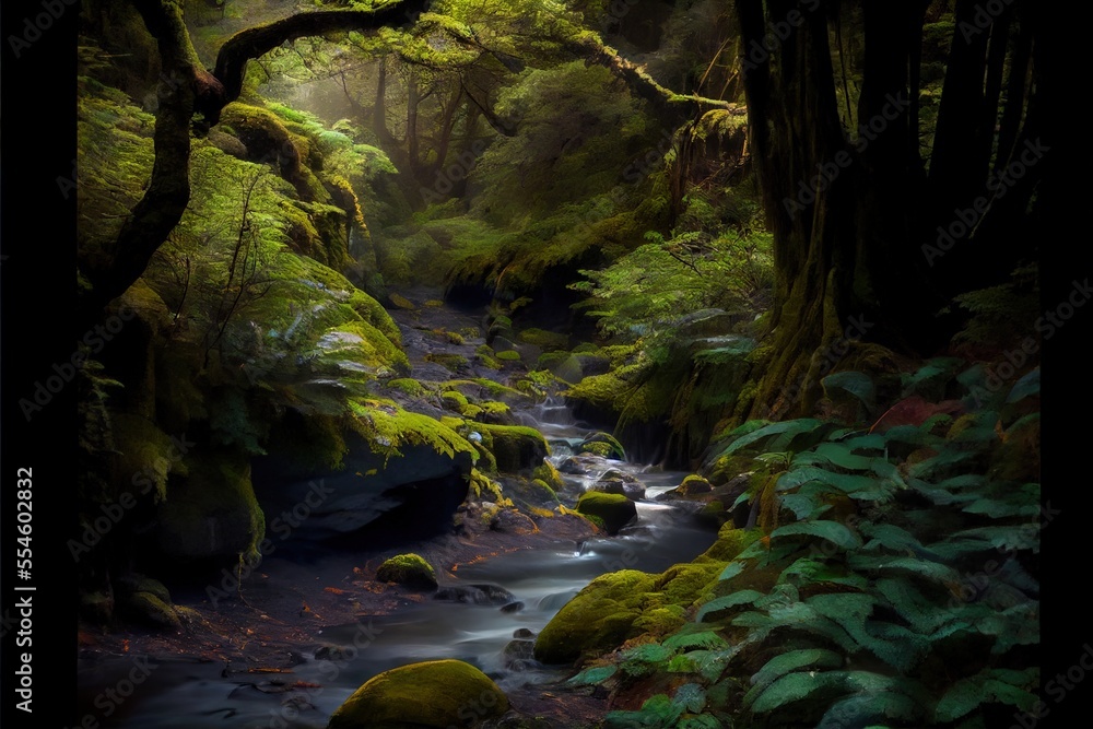Poster a stream running through a lush green forest filled with trees and ferns. generative ai