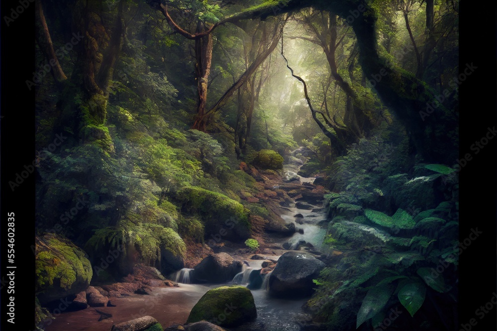Poster a stream running through a lush green forest filled with trees and rocks. generative ai