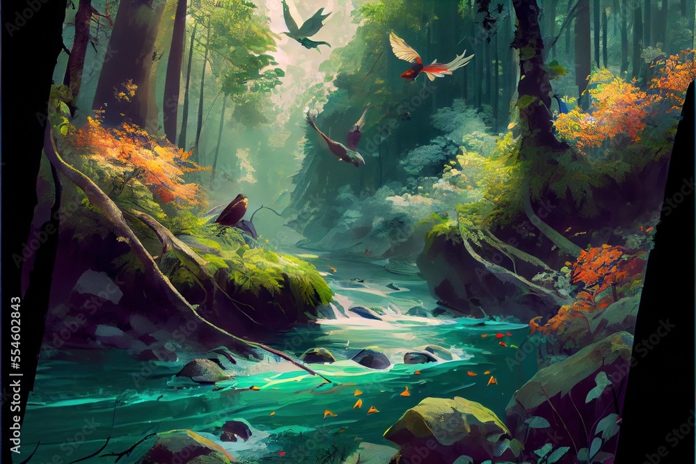 Poster a painting of a stream in a forest with birds flying over it and a stream running through the woods.