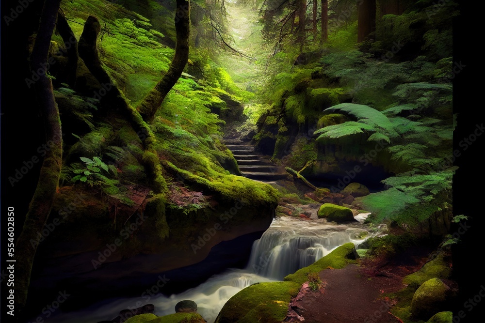 Aufkleber a stream running through a lush green forest filled with trees and rocks. generative ai