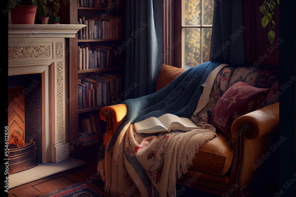 Poster a couch with a blanket on it next to a fire place and a book shelf with books on it. generative ai