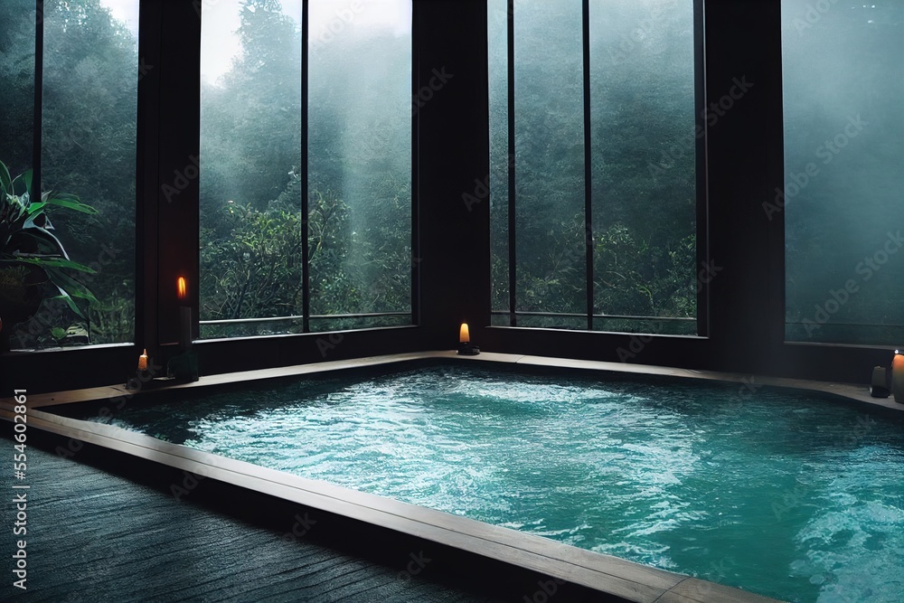 Poster a large indoor swimming pool with candles lit in the middle of it and a view of the forest outside. 