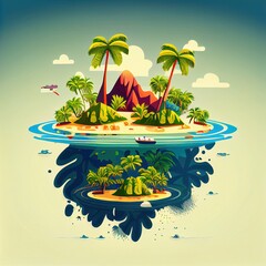  an island with palm trees and a volcano in the background of the ocean illustration by alex macieli. Generative AI - obrazy, fototapety, plakaty