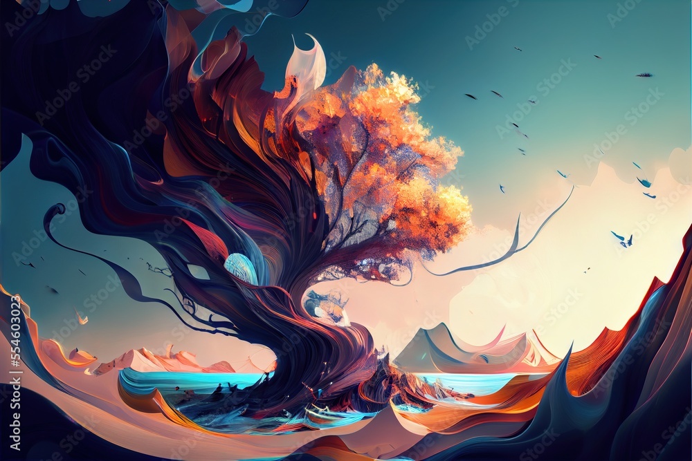 Poster a painting of a tree with a sky background and birds flying around it. generative ai