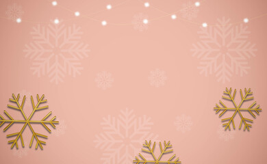 merry christmas and happy new year. Gold glitter snowflake pink background