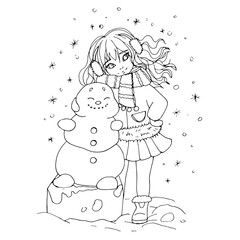vector coloring page with cute cartoon anime girl, line art