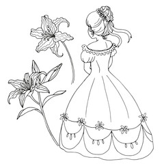 vector coloring page with cute cartoon anime girl, line art