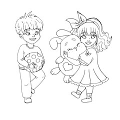 vector coloring page with cute cartoon anime girl, line art