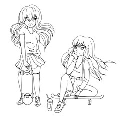 vector coloring page with cute cartoon anime girl, line art