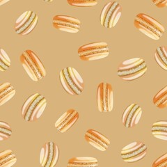 Patern seamless macarons orange on beige background, graphic art.