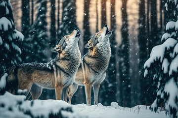 Wolves expressing emotions and howling in the wild winter forest. A gray wolfs in a winter forest. Digital artwork	
