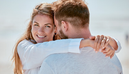 Fototapeta premium Love, couple and hug at beach portrait with smile for bond, trust and gratitude on holiday in Canada. Romance, care and joy of young people in happy relationship enjoying summer sunshine together.