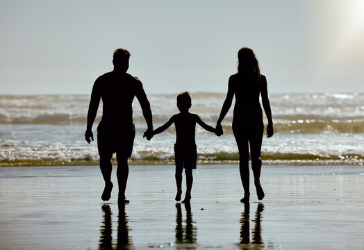 Beach, holding hands and family with child, mother, and father silhouette walking in ocean water on sky mockup for summer. Holiday, vacation and parents shadow in support, love and care of kid by sea