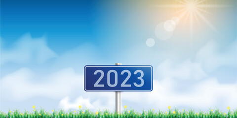 Number 2023 writing on a traffic sign. with blue sky on sunny day. concept of happy new year. vector illustration