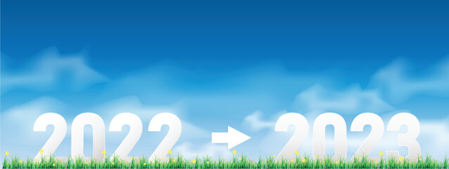 Number 2023  on grass. with blue sky on sunny day. concept of happy new year. vector illustration