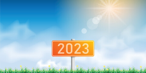Number 2023 writing on a traffic sign. with blue sky on sunny day. concept of happy new year. vector illustration