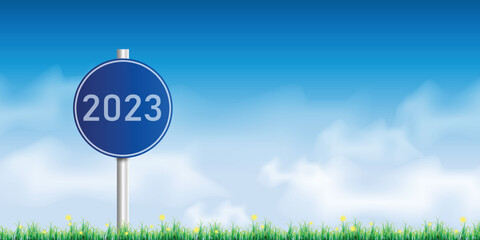Number 2023 writing on a traffic sign. with blue sky on sunny day. concept of happy new year. vector illustration