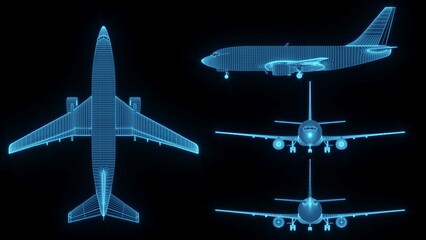 3D rendering illustration aeroplane blueprint glowing neon hologram futuristic show technology security for premium product business finance  transportation