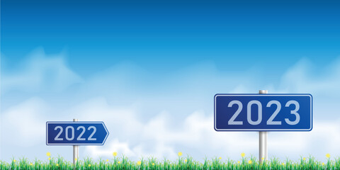 Number 2023 writing on a traffic sign. with blue sky on sunny day. concept of happy new year. vector illustration
