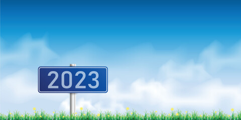 Number 2023 writing on a traffic sign. with blue sky on sunny day. concept of happy new year. vector illustration