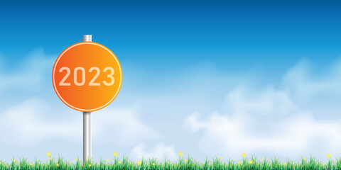 Number 2023 writing on a traffic sign. with blue sky on sunny day. concept of happy new year. vector illustration