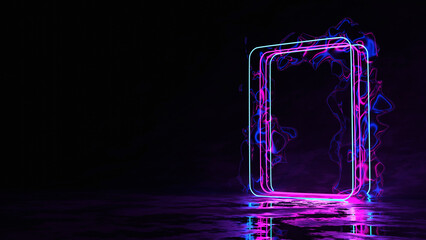 3D, blue pink neon square frame smog background space background ultraviolet light 80's retro style