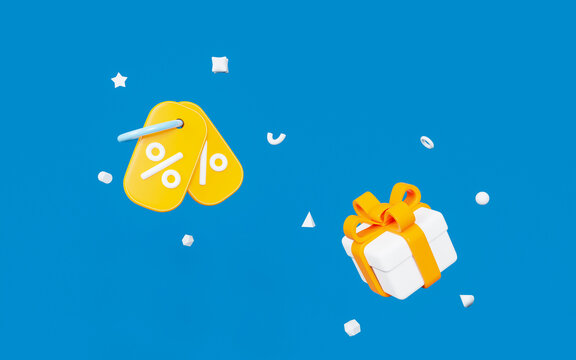 3d flying box gift and coupon voucher with figures abstract geometry shape. Yellow, white and blue colors. Promotion for your ads with present box and voucher. 3d rendering illustration..
