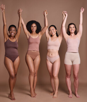 Women Diversity, Body Positivity And Skin Color Celebration Of Group Of Model Friends Holding Hands. Skincare Beauty, Trust And Woman Community Support Portrait Together With Global Care And Love