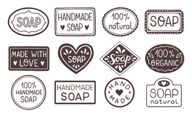 Hand drawn labels for handmade soap bars. Handmade soap stamp. Set of vector templates for all kind soap design
