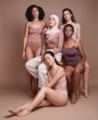 Beauty, body and diversity with women in portrait, skin and skincare with wellness and self care,...