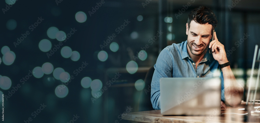 Aufkleber phone call, finance and businessman with a laptop for networking, connection and branding of company