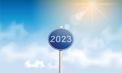 Number 2023 writing on a traffic sign. with blue sky on sunny day. concept of happy new year. vector illustration