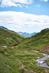 Fototapeta na wymiar Hiking trail through alpine meadow. Beautiful landscape in the summer time. Kamchatka peninsula