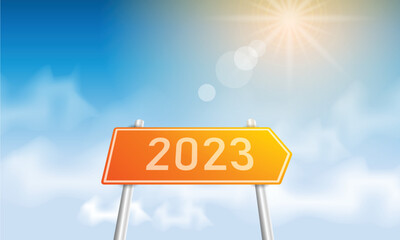 Number 2023 writing on a traffic sign. with blue sky on sunny day. concept of happy new year. vector illustration