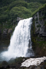 Big waterfall. Traveling through Kamchatka peninsula