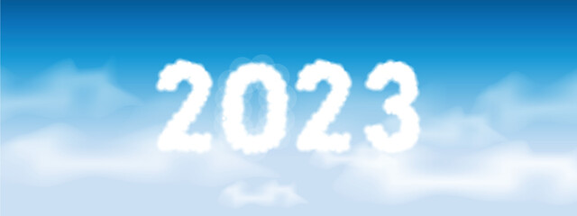 happy new year. number 2023 written on a blue sky with cloud character design.alphabet of 2023. vector illustration