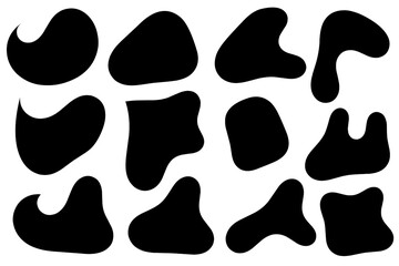 Set of abstract liquid forms and fluid shapes, blobs element, black abstract blobs, irregular shapes, black ink.