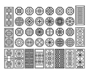 Traditional korean window pattern. Circle ornament, rectangular geometric cutter decor and asian graphic design element vector set