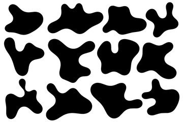 Set of abstract liquid forms and fluid shapes, blobs element, black abstract blobs, irregular shapes, black ink.