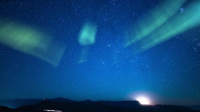 Aurora Green and Milky Way Galaxy 15mm Northeast Sky over Mts Car Lights