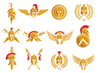 Spartan helmet emblem. Warrior armor with wings and weapon, gladiator tattoo and round shield vector Illustration set