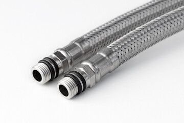 stainless steel water hose on white background