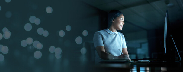 Mockup, night and overtime with a business woman at work on a deadline in a marketing office for...