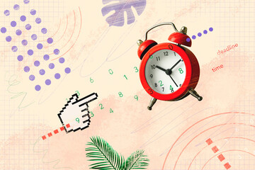 Creative trend collage alarm clock and pixel mouse pointer